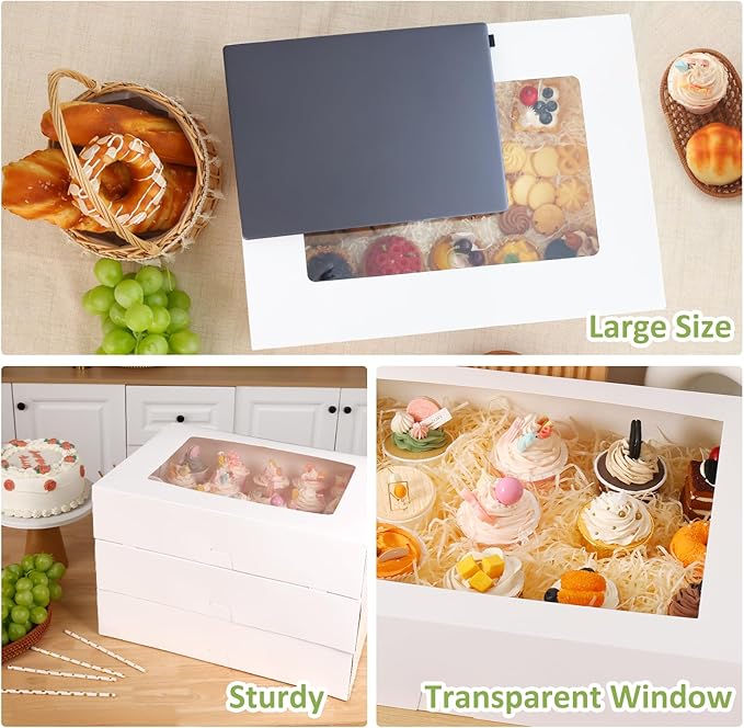 Moretoes 10pcs 19x14x4in Half Sheet Cake Boxes with Window,White Bakery Boxes, for Pastry Baking Cake Donuts Cupcake Pie Packaging
