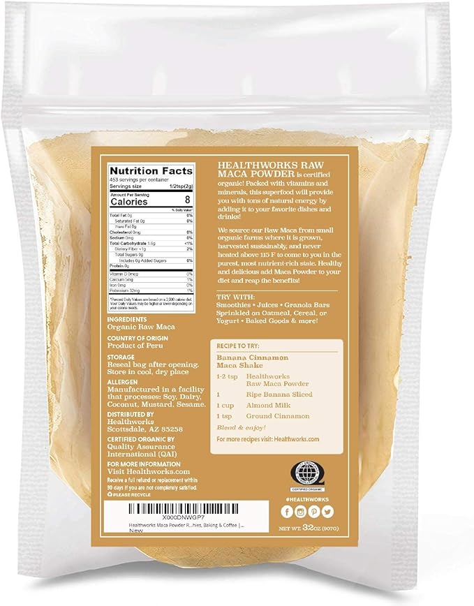 Healthworks Superfoods Organic Maca Powder Raw - 32 Oz / 2 Lbs - Certified Organic Flour Use - Keto, Vegan & Non-GMO - Premium Peruvian Origin - Breakfast, Smoothies, Baking & Coffee - Antioxidant