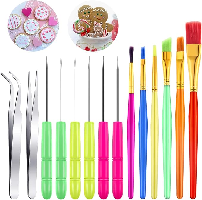 Patelai 14 Pcs Cookie Decorating Tool Set Christmas Fondant Cake Decorating Brushes Scribe Cookie Tool Sugar Stir Needle Baking Elbow and Straight Tweezers for Christmas Sprinkles Supplies for Fondant