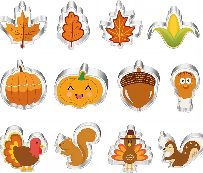12 Pcs Fall Thanksgiving Cookie Cutter Set Stainless Steel Fall Leaves Cookie Cutter Set Pumpkin Maple Leaves Corn Shaped Baking Pie Crust Mold for Thanksgiving Autumn Harvest Party