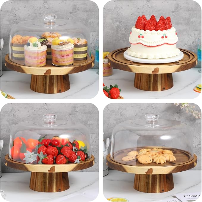 Acacia Wood Cake Stand With Lid, 12 Inch Wooden Cake Stand with Acrylic Dome Vintage Cakes Display Holder Versatile Dessert Table Display & Charcuterie Board for Wedding Birthday Party