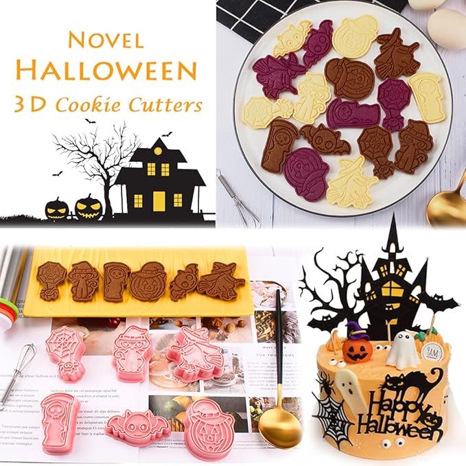 Novel Halloween Cookie Cutters and Stamper, Pumpkin, Ghost, Witch, Bat, Cat, Spider 3D Cookie Cutters Set for Halloween Baking (Pack of 12)