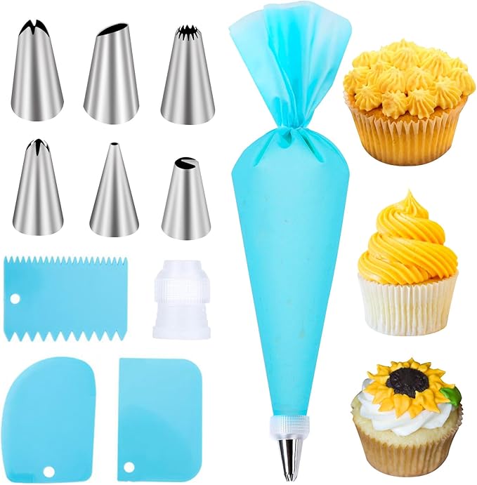 Piping Bags and Tips Set, Cake Decorating Kit Supplies with 6 Icing Tips, 1 Reusable Piping Bag, 1 Coupler, 3 Scrapers, Frosting Piping Kit Cake Baking Tools for Cookie Icing Cupcakes Cakes