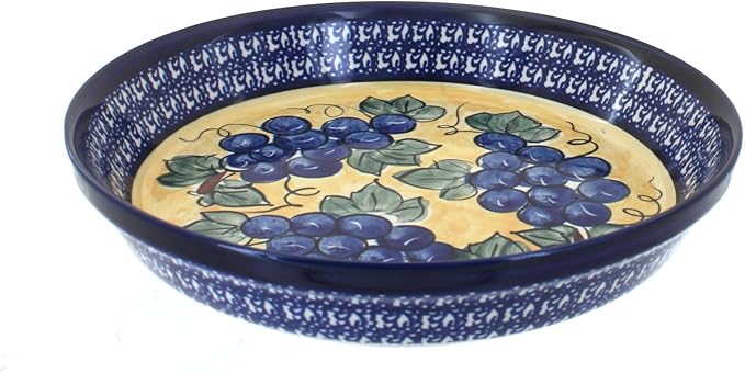 Blue Rose Polish Pottery - Blue Grapes Pie Plate with Cobalt Trim - 9.75" Diameter - Ceramic Baking Dish, For Pies, Quiches & Desserts