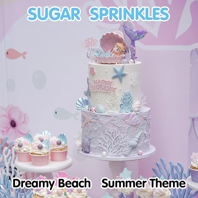 Sugarzy Edible Seashell Sprinkles for Cake Decorating,130g/4.58oz,Purple Pink Pearl Sugar Sprinkle Mix Shell,Baking Ocean Beach Candy Pearls Decorations,Perfect for Cookies,Donuts,Cupcake Topper,Birthday Holiday Party Supplies