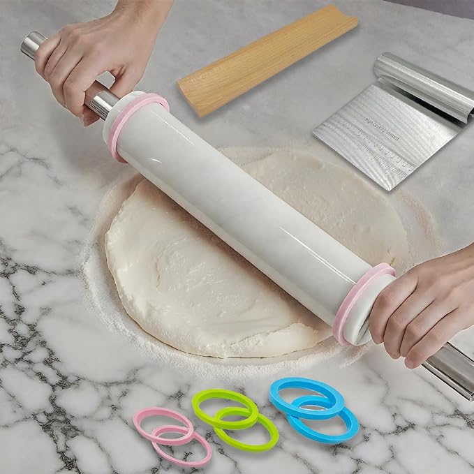 White Marble Rolling Pin with Stainless Steel Handles Baking Set - Silicone Baking Mat, Stainless Steel Dough Cutter，Marble Rolling Pin with 3 Multi-Color Thicknesses and Wooden Base