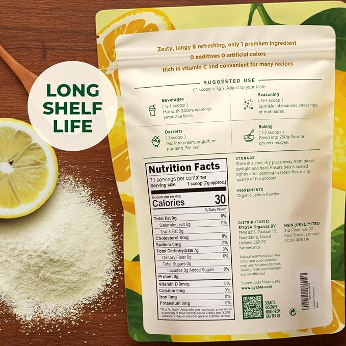 Gya Tea Co Lemon Powder 1.1lb (17.64 Oz) - USDA Organic 100% Fresh Natural Consistent Lemon Taste, No Sugar & Additives - Great Flavor For Drinks, Baking - Non-GMO, Filler Free, Vegan-Friendly