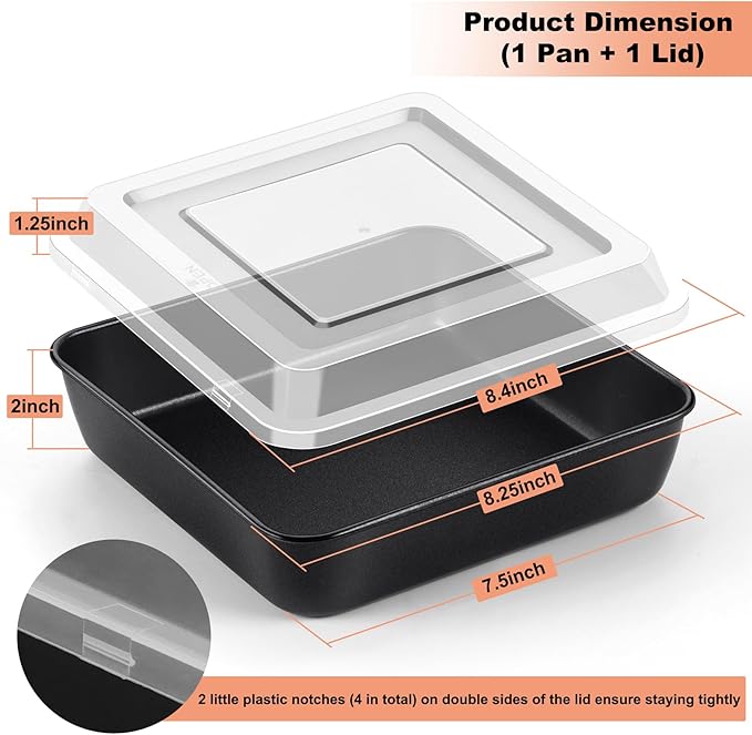 TeamFar Square Baking Pan, 8Inch Cake Tin with Lid with Stainless Steel Core & Nonstick Coating, for Baking Roasting Serving, Non-toxic, Easy to Release & Clean- (1 Pan + 1 Lid)
