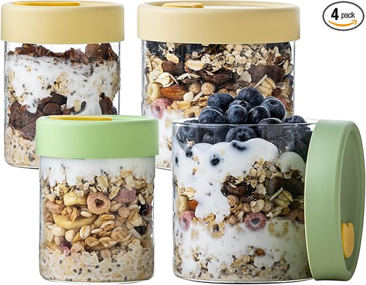 Overnight Oats Containers with Lids, 22oz & 16 oz Glass Jars with Airtight Lids, Wide Mouth Overnight Oats Jar, Salad Meal Prep Jars for Food Storage Yogurt & Cereal (4PCS)