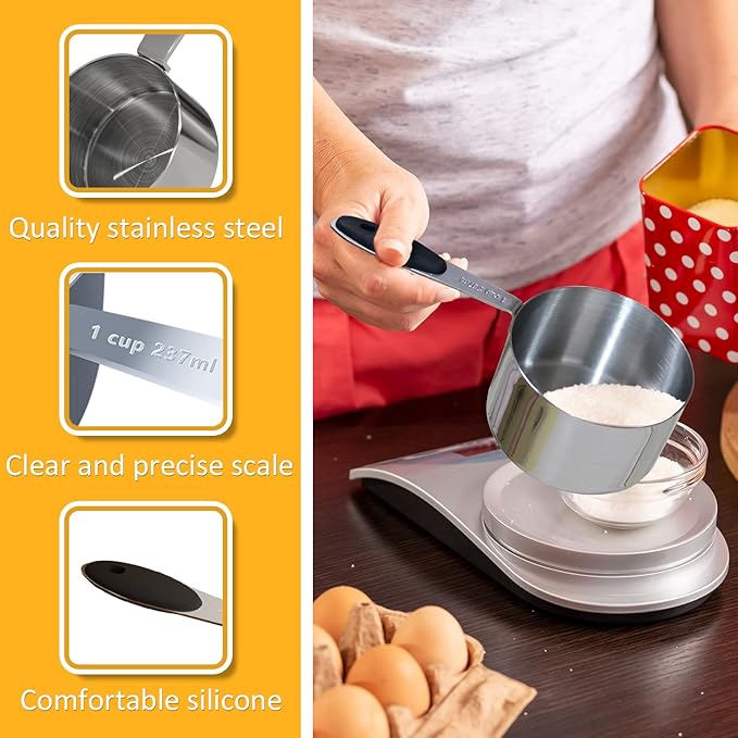 2PCS 1Cup (237ml, 8oz) Single Measuring Cup with Black Silicone Grip, Stainless Steel Individual Measure Scoop Only
