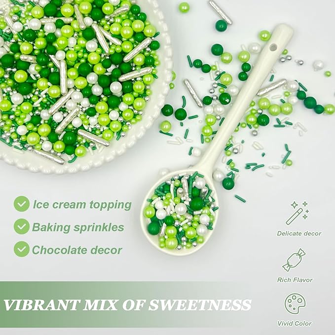 Sprinkles for Cake Decorating, Green and White Pearl Silver Jimmies St. Patrick’s Day Sprinkles Mix for Baking Cookies Cupcake Ice Cream