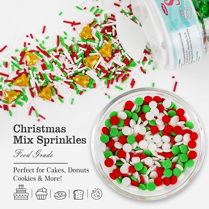 Christmas Sprinkles for Cake Decorating, Red, White & Green Sprinkles Mix, Christmas Tree Bells, 160g/5.64oz, Cake Decorations, Baking, Cupcake, cookies Topper, foodgrade