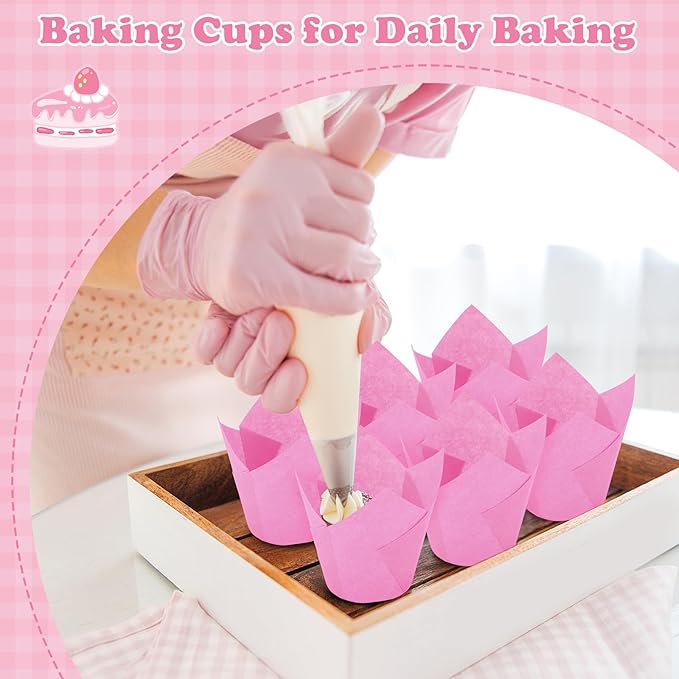 600 Pcs Tulip Cupcake Liners for Baking Muffin Liners Printed Baking Cups Holders Greaseproof Wrappers Decoration for Cupcake Bouquet Birthday Party Wedding Bride Shower (Hot Pink)