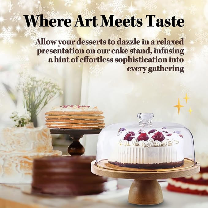 Cake Stand with Acrylic Dome Lid 2-in-1 - Multifunctional Round Shatterproof Dessert Table Display Set with Acacia Wood Serving Platter, Veggie Tray, Fruit Bowl - Party Cake Display