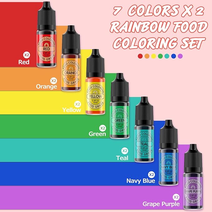 Food Coloring Set for Cake Decorating Rainbow Edible Food Dye for Halloween Baking Royal Icing Cookie Supplies Gluten Free 14x12ml Food Grade Liquid Food Color Kit, 0.4 Fl. Oz/Bottles