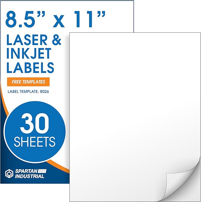 8.5" X 11" Full-Sheet Printable Labels for Inkjet and Laser Printers - 30 Sheets, 30 Custom Stickers for Shipping Labels, Mailing, Personalized Stickers for Crafts - Spartan Industrial Template R026