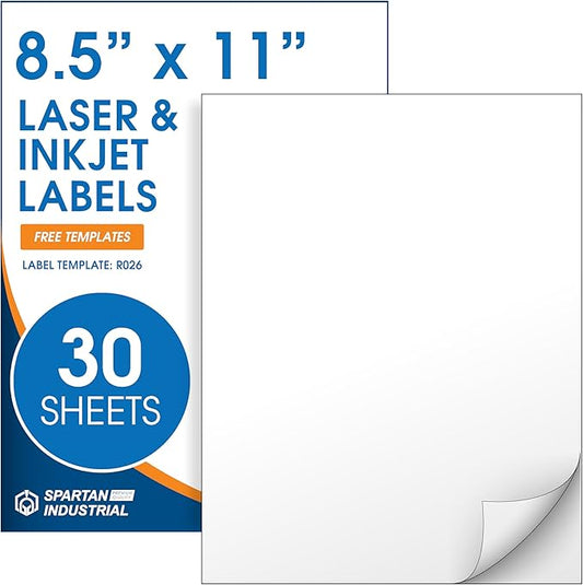 8.5" X 11" Full-Sheet Printable Labels for Inkjet and Laser Printers - 30 Sheets, 30 Custom Stickers for Shipping Labels, Mailing, Personalized Stickers for Crafts - Spartan Industrial Template R026