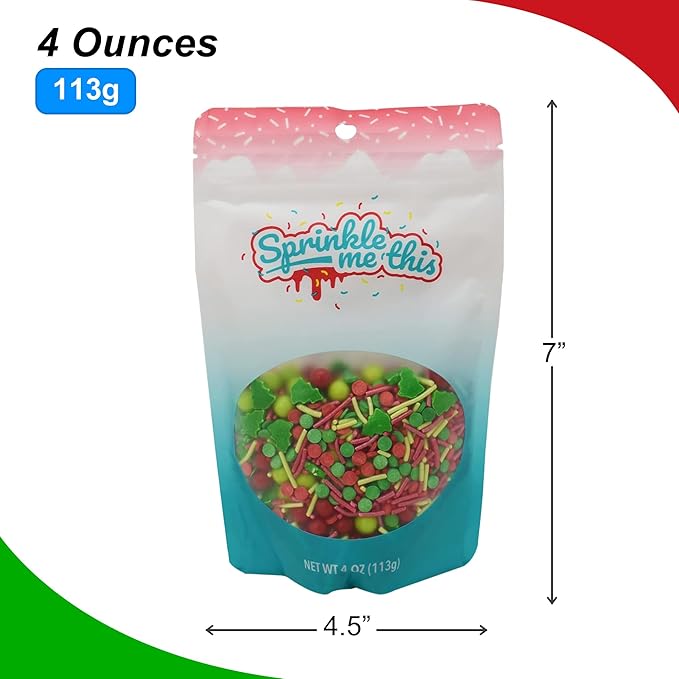 The Gift of Christmas - 4 Oz Resealable Bag - Christmas Themed Sprinkle Mix - Featuring Red and Green Jimmies, Christmas Tree Quins, Red and Green Pearls, and More - Ice Cream and Cake Sprinkles
