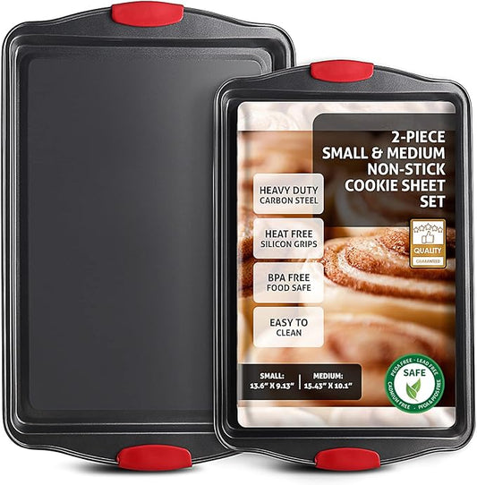 JOYTABLE Baking Sheet, 2PC Cookie Sheet Set with Silicone Handles, Nonstick Steel Baking Pan, Baking Sheets for Oven, BPA Free Baking Pans Set, Cookie Sheets– Black Bakeware, Small & Medium
