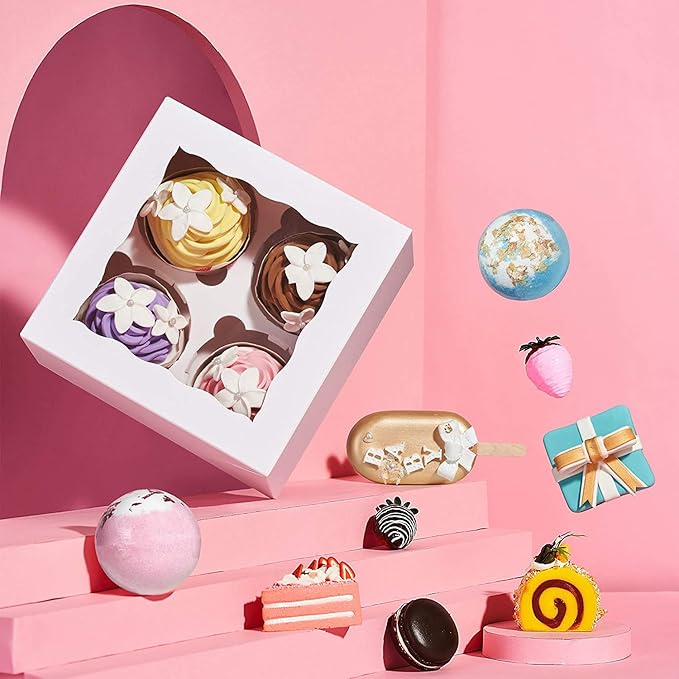 RomanticBaking 50 Pack White 4 Cupcake boxes with Window Chocolate Bomb Boxes Bakery Box Cookies Boxes Strawberry Boxes