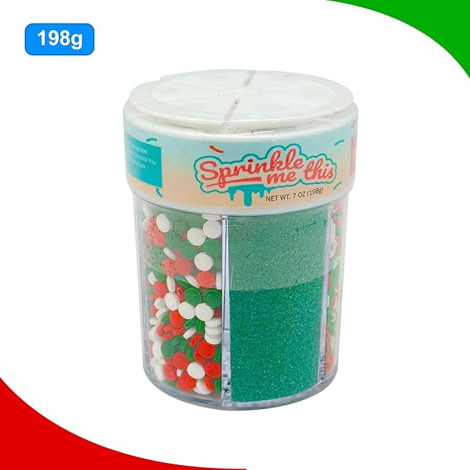 Sprinkle Me This Sprinkle Mix - 6 Cell Sprinkle Assortment (7oz) - Assorted Sprinkle Jar featuring Red and Green Sanding Sugar, Red and Green Nonpareils, Jimmes, and Confetti sprinkles