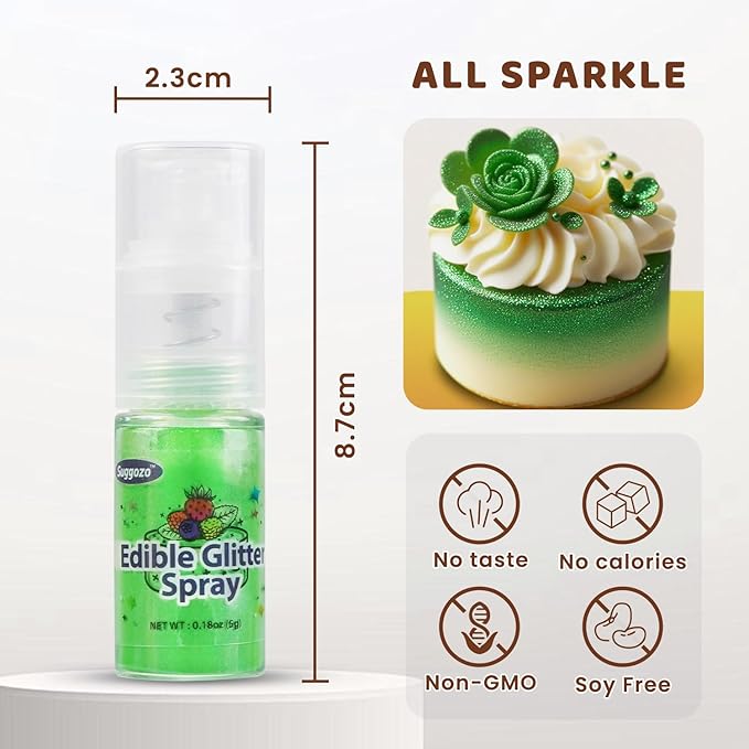 Green Edible Glitter Spray, 5g Food Grade, Edible Green Glitter for Drinks, Cake Decorating, Cocktails, Shimmer Dust Powder for Baking, Chocolate, Strawberry