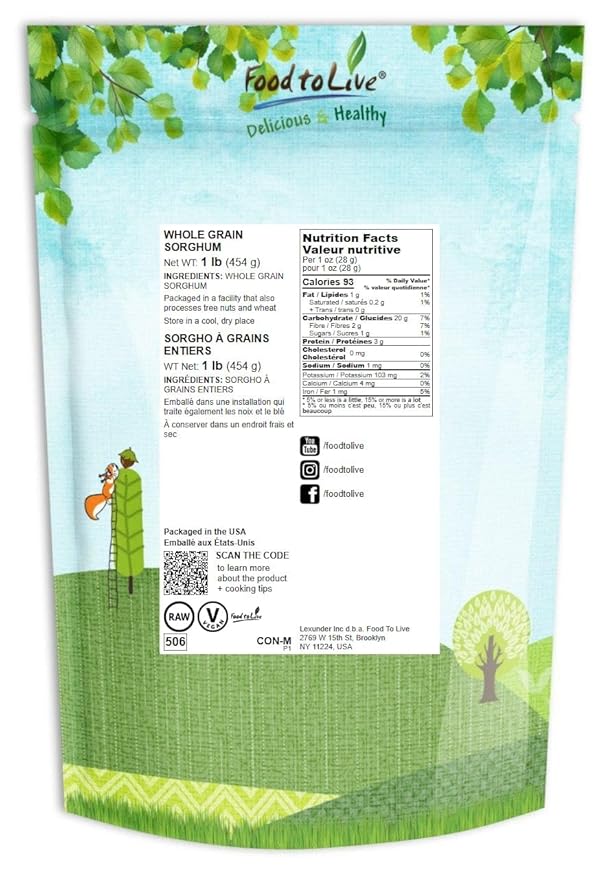Food to Live Italian White Whole Grain Sorghum, 1 Pound – Premium White Groats. Raw Milo Seeds. Vegan, Bulk Broom-corn. Durra is Great for Making Flour and Popped Jowar Dhani