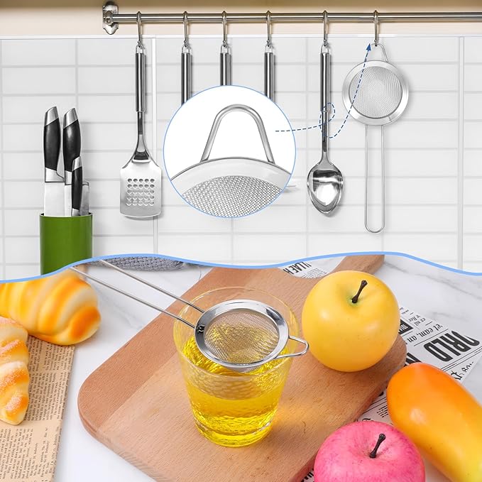 3 Pieces Small Strainer Fine Mesh Tea Strainers for Kitchen Small Stainless Steel Sieves Food Strainer with Handles Colander Conical Food Loose Sieve Filter Sifter Riddle for Cocktails Tea Coffee