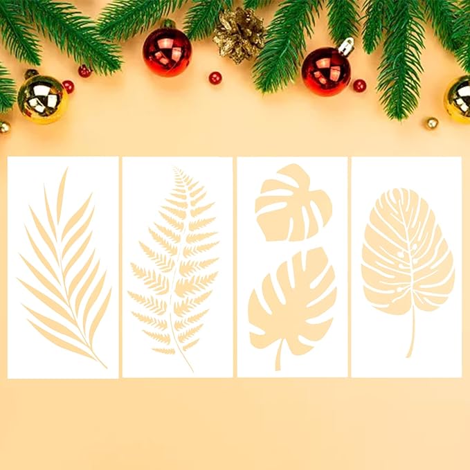Leaf Trees Christmas Reusable Pine Drawing Stencils - Winter Holiday Templates for Cypress, Woodland Painting on Wood, Canvas - Home Decor Crafts (4 Pcs Leaf) (Style 1)