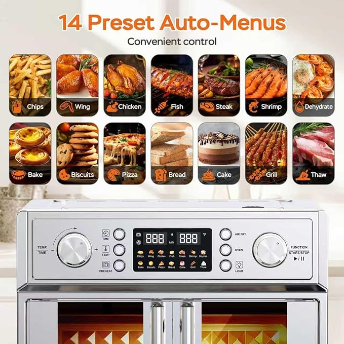 27.5QT French Door Air Fryer Toaster Oven Combo, Countertop Oven with 14 Presets & Digital Control, Stainless Steel Large Toaster Oven for Baking, Roasting, Includes Accessories,Silver