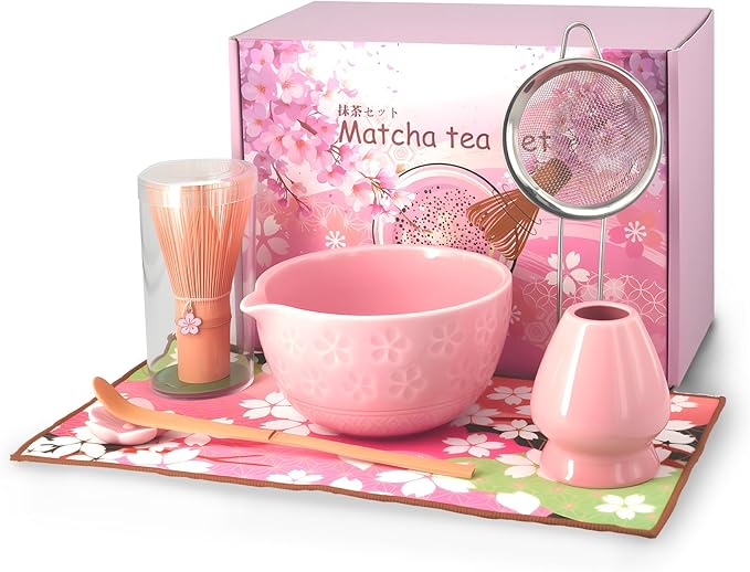 7 Pcs Matcha Whisk Set, Ceramic Matcha Set Includes Matcha Bowl, Matcha Whisk and Holder, Bamboo Scoop, Scoop Rest, Sifter and Tea Towel With home, tea house, office, etc (Pink)