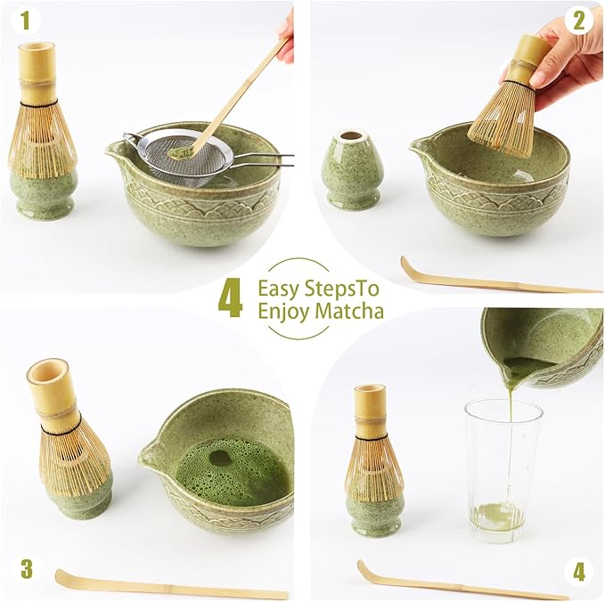 Japanese Matcha Whisk Set, 5-Piece Ceramic Bamboo Whisk Kit, Chawan Bowl 560ml/18.9oz | Complete Set for Traditional Matcha Making at Home, Ideal Gift for Tea Lovers (Green)