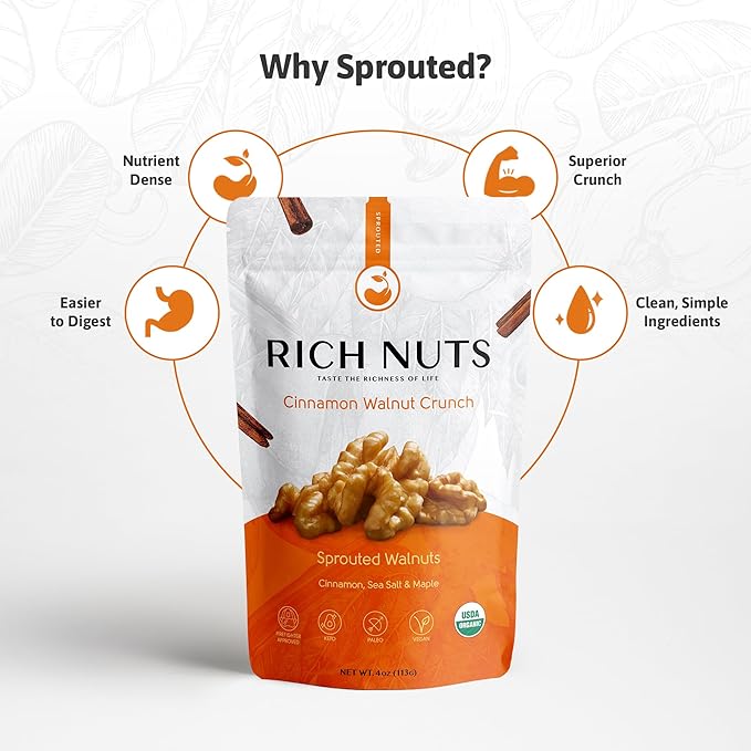 Rich Nuts Cinnamon Walnut Crunch Gourmet Sprouted Walnuts | Vegan, Organic, Paleo, Keto | Cinnamon, Maple Syrup, Maca & Sea Salt | Non-Roasted, Dehyrdated, Germinated, Raw & Whole | 4 Oz Bag (2 Pack)
