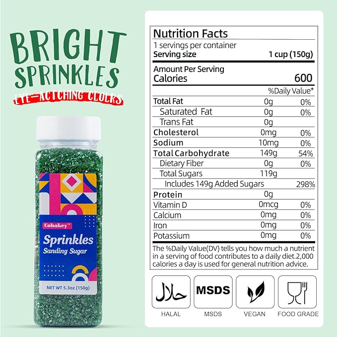 Green Sanding Sugar Sprinkles, 5.3 oz Edible Sparkling Sugar Crystals for Baking Topping, Cupcakes, Cookies, Ice Cream & Cake Decorating, Wedding Party Christmas Supplies