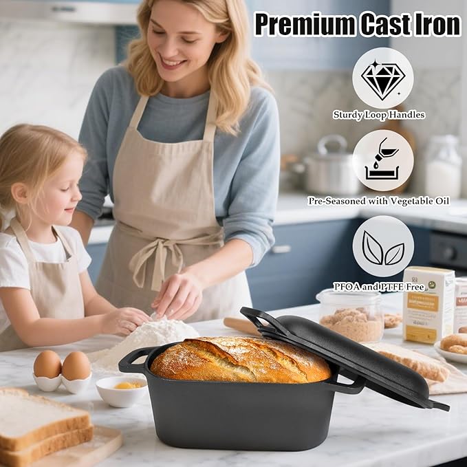 QuliMetal 3.6QT Oval Dutch Oven for Bread Baking - Pre-Seasoned Cast Iron Sourdough Bread Pan with Lid, cast iron loaf pans for bread, Even Heat Distribution for Meatloaf, Homemade Bread