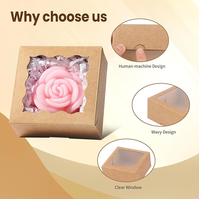 RomanticBaking 3x3x1.5Inches 50 Mini Bakery Boxes with Window for Homemade Soap,Cookies,Chocolate truffle,Chocolate Covered Strawberries