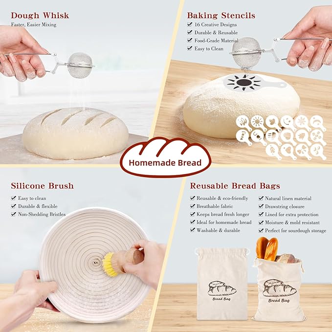 Complete Sourdough Starter Kit, 10" Oval and 9" Round Banneton Bread Proofing Basket with Glass Sourdough Starter Jar, Sourdough Bread Baking Supplies Kit Gifts for Bakers Women Wife Mom