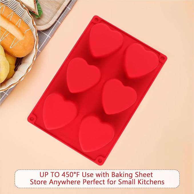 3-Pack 6-Cup Silicone Muffin Pans, Nonstick Cupcake Baking Molds, BPA/PFA-Free, Dishwasher & Oven Safe Heart-shaped Red