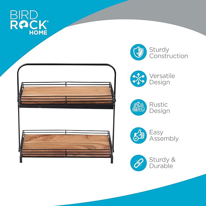 BIRDROCK HOME 2-Tier Wood & Iron Serving Tray w/Handle – Rustic Farmhouse Dessert Server – Party Display Stand - Cupcakes, Appetizers, Fruits & Pastries – Modern Kitchen Tiered Platter – Natural