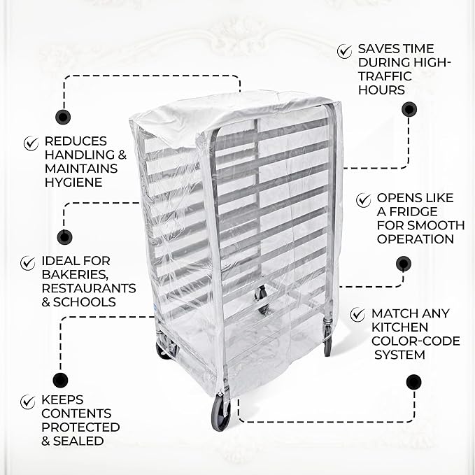Bakery Food Pan Sheet Rack Cover – Heavy Duty PVC Vinyl Zippered Bun Pan Rack Cover – Long-lasting Use Durable Covers with 3 Zippers – Made in USA (Transparent, 23"W x 28"L x 61"H)