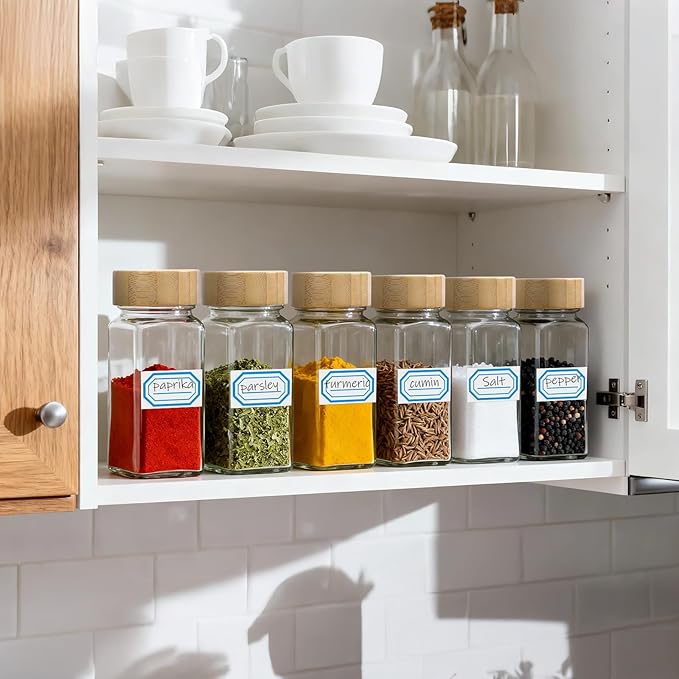 Segarty 4oz Spice Jar with Bamboo Shaker Lids, 2 PCS 120ml Square Spice Jars for Herbs Grains Storage, Empty Glass Small Seasoning Container Set, Clear Salt Pepper Shakers with 7 Stickers and 1 Brush