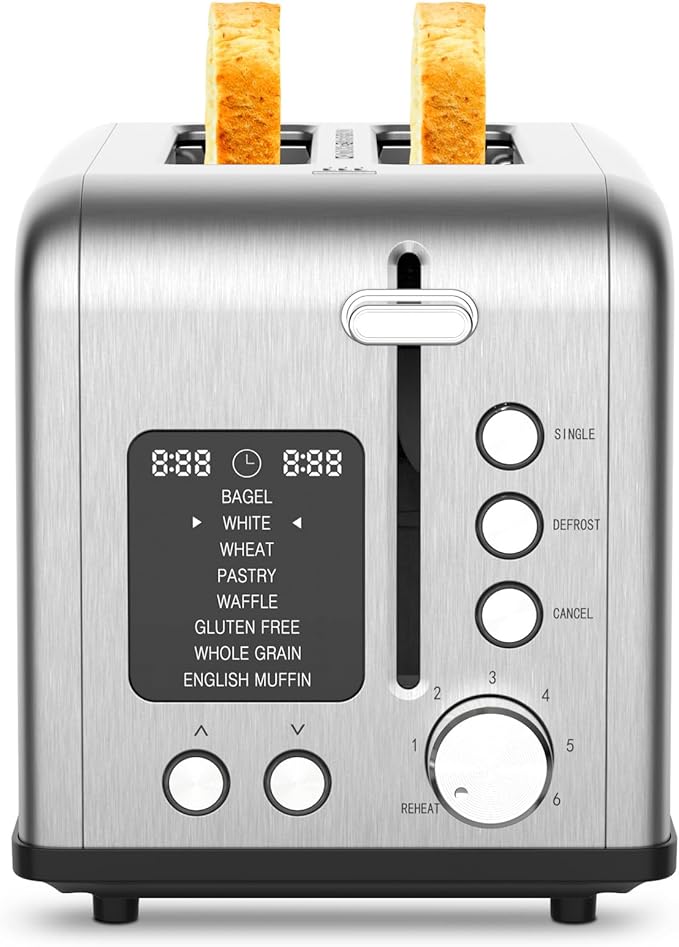 2-Slice Stainless Steel Toaster with Single Slice Function, 8 Bread Types & 6 Browning Levels, Timer Count-down Display, Defrost, Reheat and Cancel Setting with LED Lighting, Extra Lifting, 825W