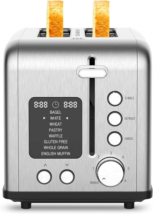 2-Slice Stainless Steel Toaster with Single Slice Function, 8 Bread Types & 6 Browning Levels, Timer Count-down Display, Defrost, Reheat and Cancel Setting with LED Lighting, Extra Lifting, 825W