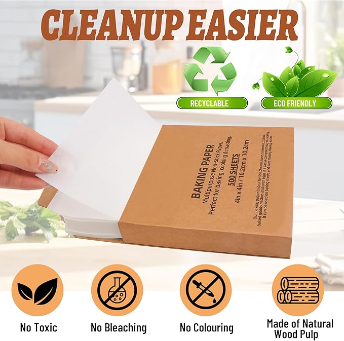 500 Pcs Parchment Paper Baking Sheets, 4"x4" Precut Non-Stick Baking Parchment Paper Sheets Bun Sheet Pan Liners.Baking Grilling Air Fryer Steaming Bread Cup Cake Cookie (White-4"x4")