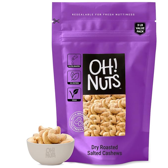 Oh! Nuts Cashews Roasted Salted - 3 lb - Oven Dry Roasted Cashews - Packed in New York Zip-Seal Bag for Exceptional Freshness