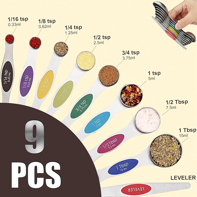 SHIKORI Magnetic Measuring Spoons Set Stainless Steel Stackable Dual Sided Nesting Teaspoons and Tablespoons for Measuring Dry and Liquid Ingredients-Multicolor 9 Pcs