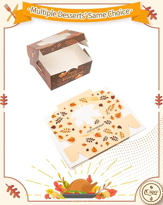 qiqee Thanksgiving Bakery Box with Window 60packs 6x6x3 Gold Leaves Cookie Boxes Pastry Box for Thanksgiving Day