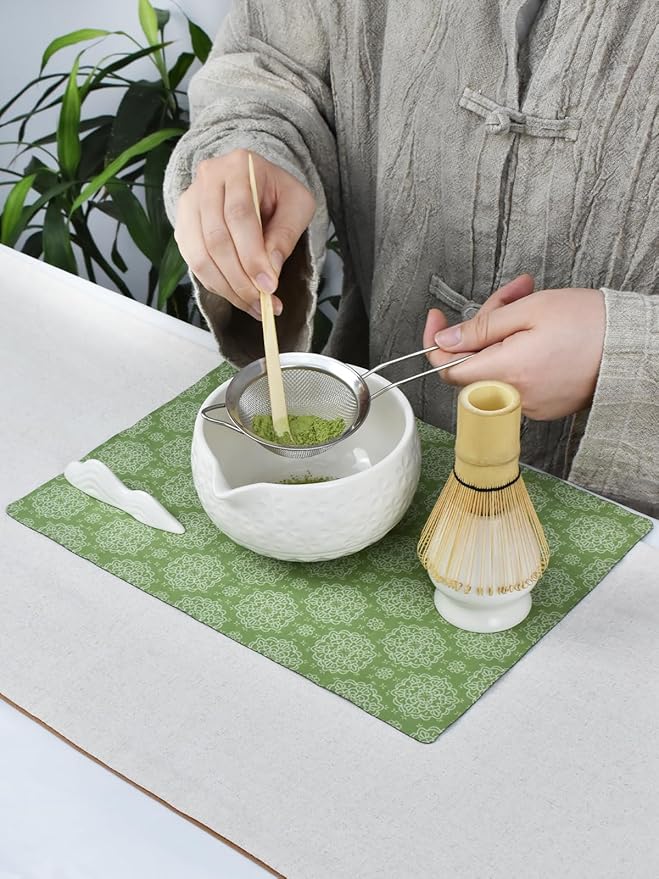 Artcome Matcha Tea Set – Green Sakura Embossed Ceramic Bowl 17oz with Bamboo Whisk, Whisk Holder, Strainer, Scoop, Tea Spoon, Cloth – Traditional Japanese Matcha Kit for Daily Use & Gift Giving