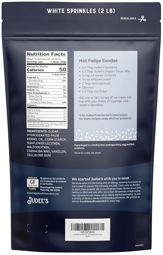 Judee's Gluten Free White Sprinkles - Gluten Free Baking & Nut Free Cake Decoration & Cupcake Sprinkles - Ice Cream Toppings & Edible Cake Decorations - 2 lb