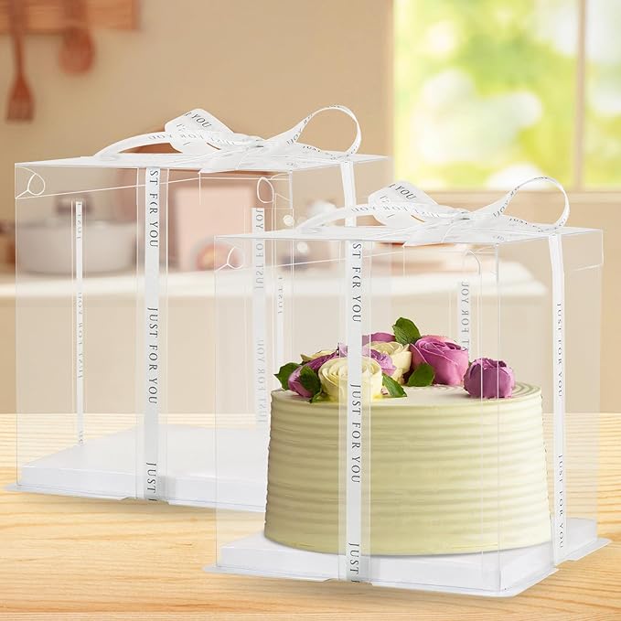 cake box-12 * 12 * 10inch/8pcs, Clear Display Gift Boxes with RibbonStackable Food Storage Containers for Pastry (Clear, 12 * 12 * 10inch/8pcs)